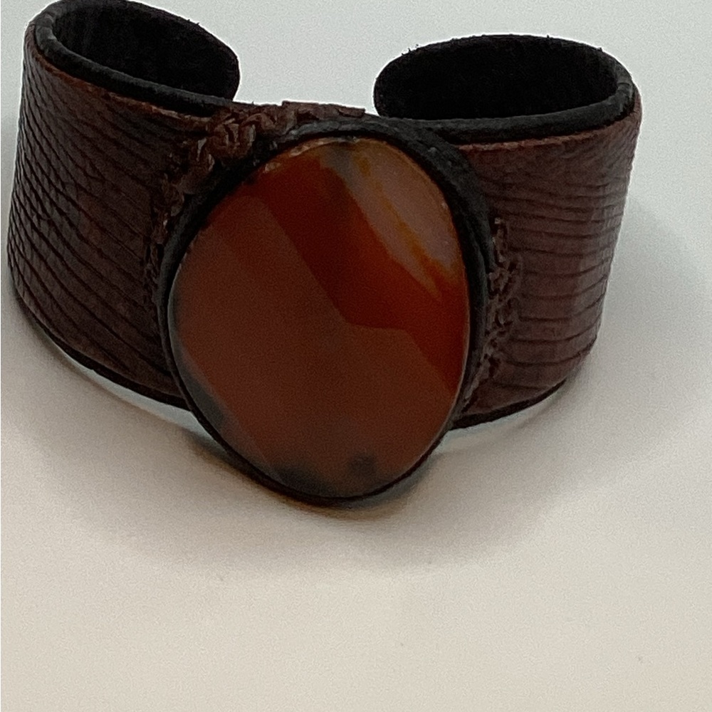 Leather Cuff Bracelet with Carnelian Agate Pendant